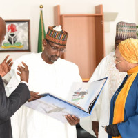 Prince Ned Nwoko briefing the Fct Minister Mohammed Bello on eradication of Malaria in Africa.
